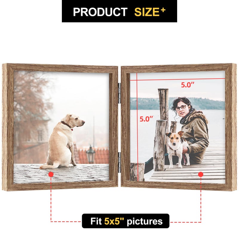Forev 5x5 Double Picture Frame Wooden Hinged Photo Frame Definition Glass Stand Vertically on Desktop or Tabletop - Image 2